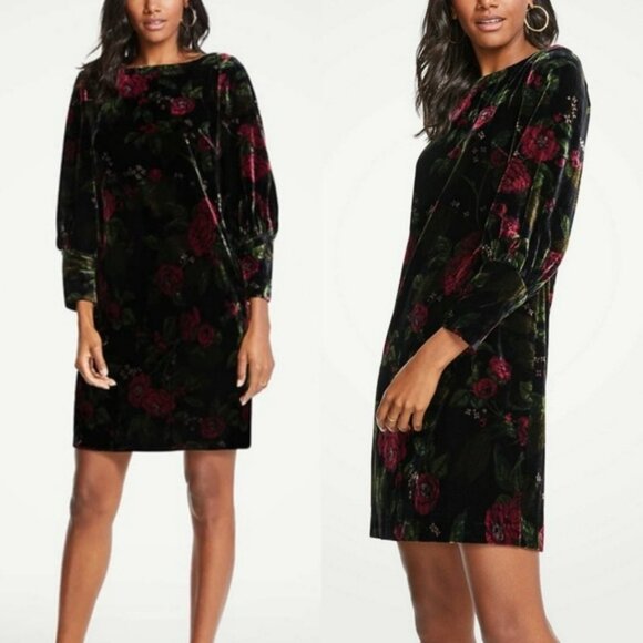 Velvet Floral with bateau neckline Puff Sleeve Shift Dress with Bishop Sleeves - Picture 2 of 16